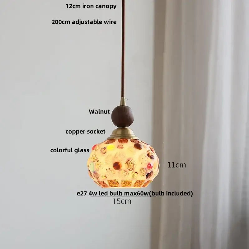 DecorBites™ LED glass and wood pendant light with colorful mosaic glass and seashells for aisle or coffee living room