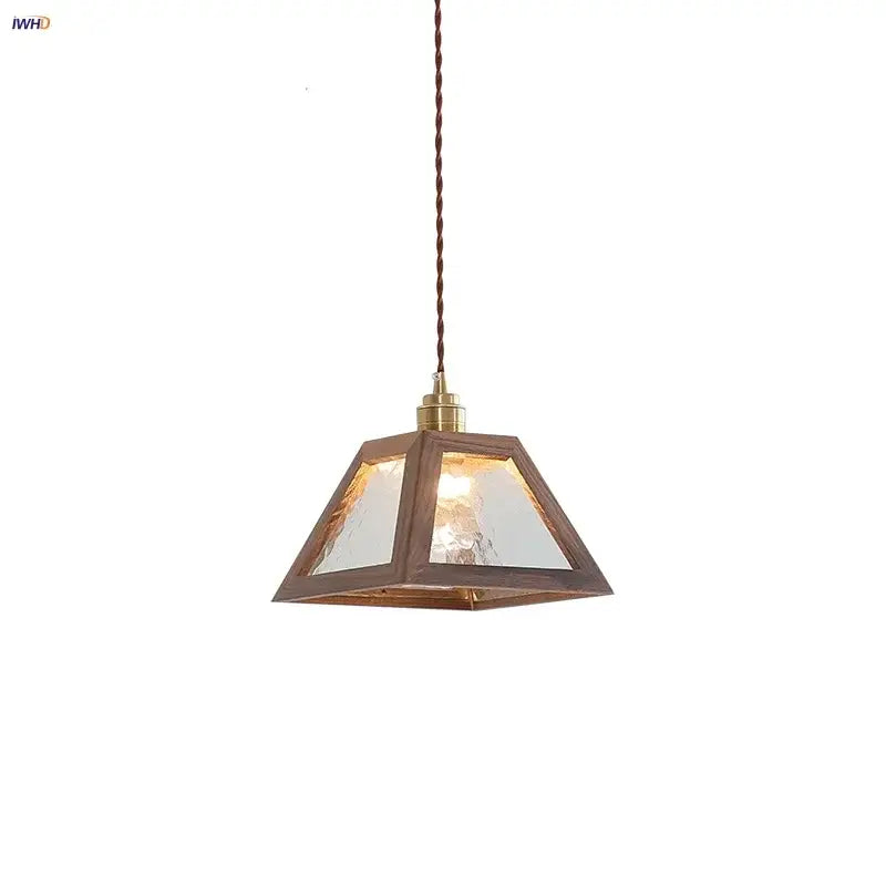 DecorBites™ LED glass and wood pendant light with dark wood frame brass accents and twisted brown cord for coffee living room