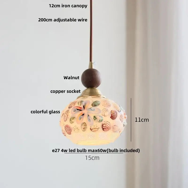 DecorBites™ LED glass and wood pendant light with colorful spherical shade and shell patterns for living room aisle lighting