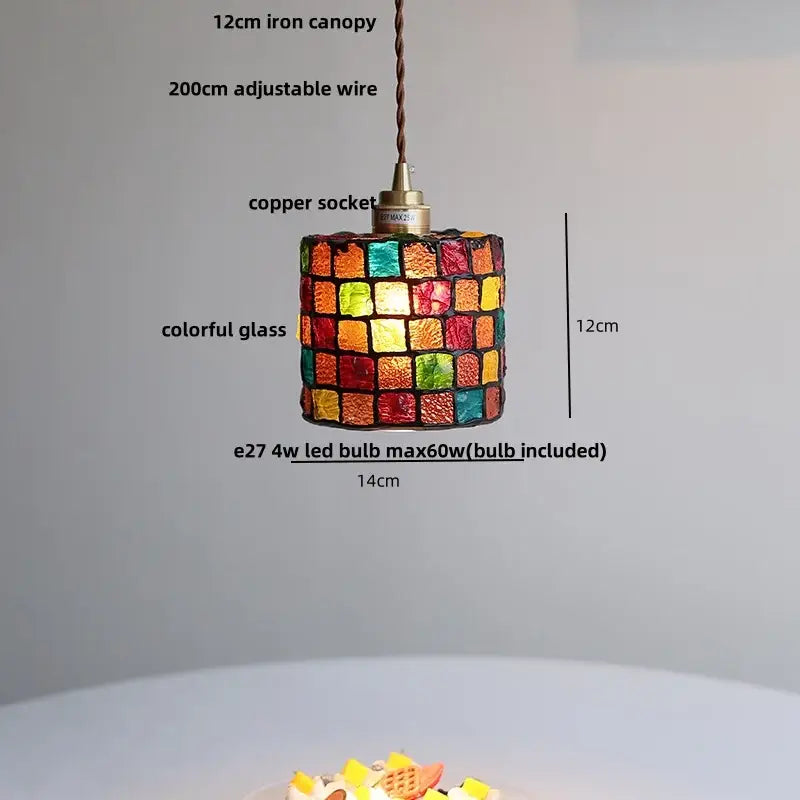 Decorbites™ led glass and wood cylindrical pendant light with colorful mosaic panels for aisle or coffee living room