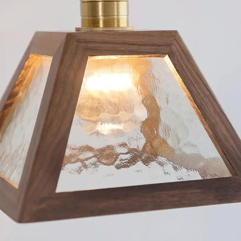 DecorBites™ LED glass and wood pendant light with warm tones dark wood frame and textured panels for coffee living room