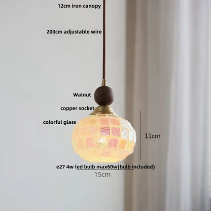 Decorbites™ led glass and wood pendant light with colorful mosaic glass panels and walnut finial for living room aisle