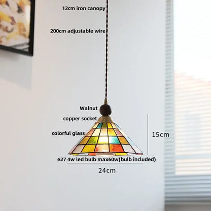 Colorful stained glass pendant lamp with walnut-finished copper socket and 12cm iron canopy for living room aisle
