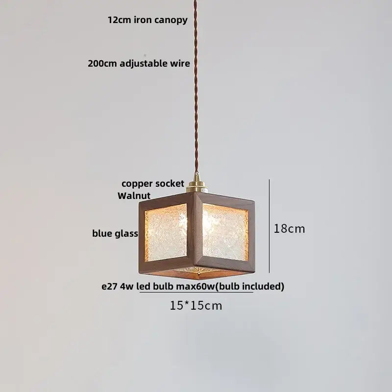 Square-shaped decorbites™ led pendant light with walnut frame blue textured glass and adjustable copper socket for living room