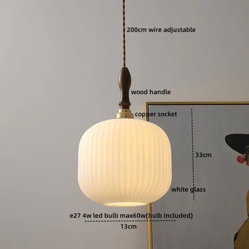 Decorbites led glass wood pendant light with white ribbed glass shade and adjustable copper wire for modern home décor