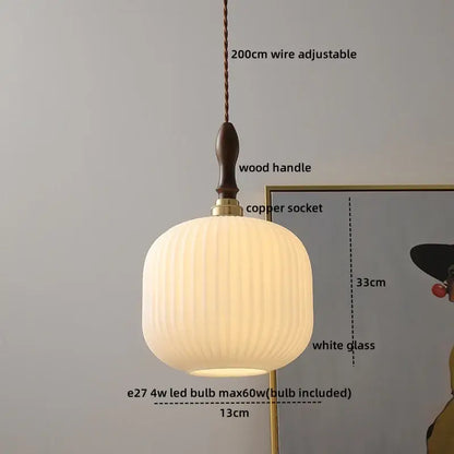 Decorbites led glass wood pendant light with white ribbed glass shade and adjustable copper wire for modern home décor