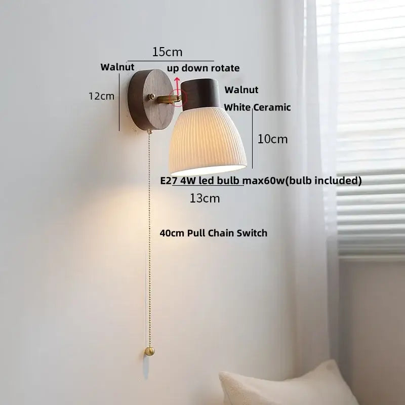Walnut-finished wall sconce with white ceramic ribbed lampshade and e27 4w led bulb from decorbites modern design
