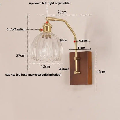 DecorBites LED glass and wood wall lamp with brass copper arm and faceted glass shade on walnut wood base for living room