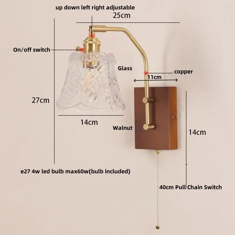 DecorBites LED glass and wood wall lamp with etched glass shade brass arm and walnut wood base for living room and bedroom
