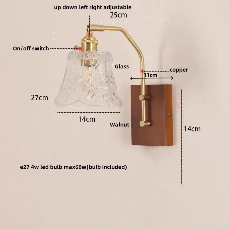 DecorBites™ LED glass and wood wall lamp with brass adjustable arm and clear textured shade for living room bedroom bathroom