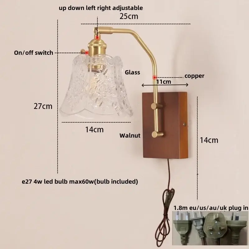 DecorBites™ LED glass and wood wall lamp with clear etched glass shade brass arm and walnut base for living room use