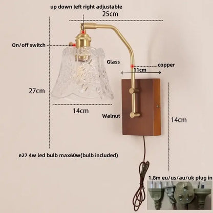DecorBites™ LED glass and wood wall lamp with clear etched glass shade brass arm and walnut base for living room use