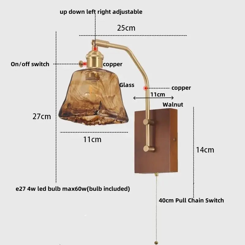 Decorbites™ led glass and wood wall lamp with copper arm amber glass shade and walnut backplate for living room or bedroom