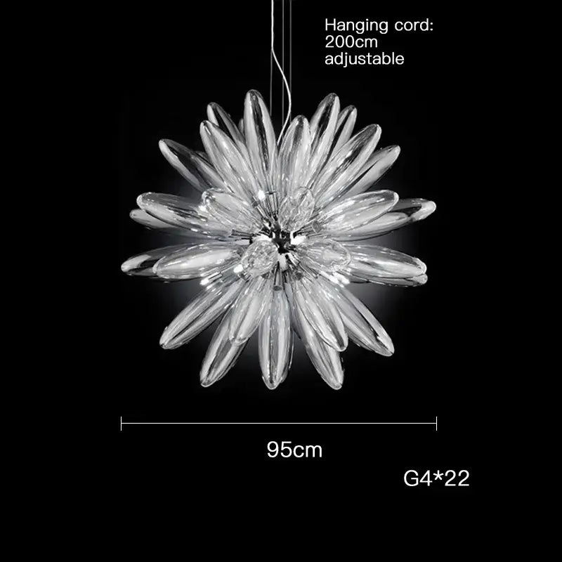 Clear glass DecorBites LED Globe 2025 chandelier in chrome gold with 22 slender petals and flower-like design