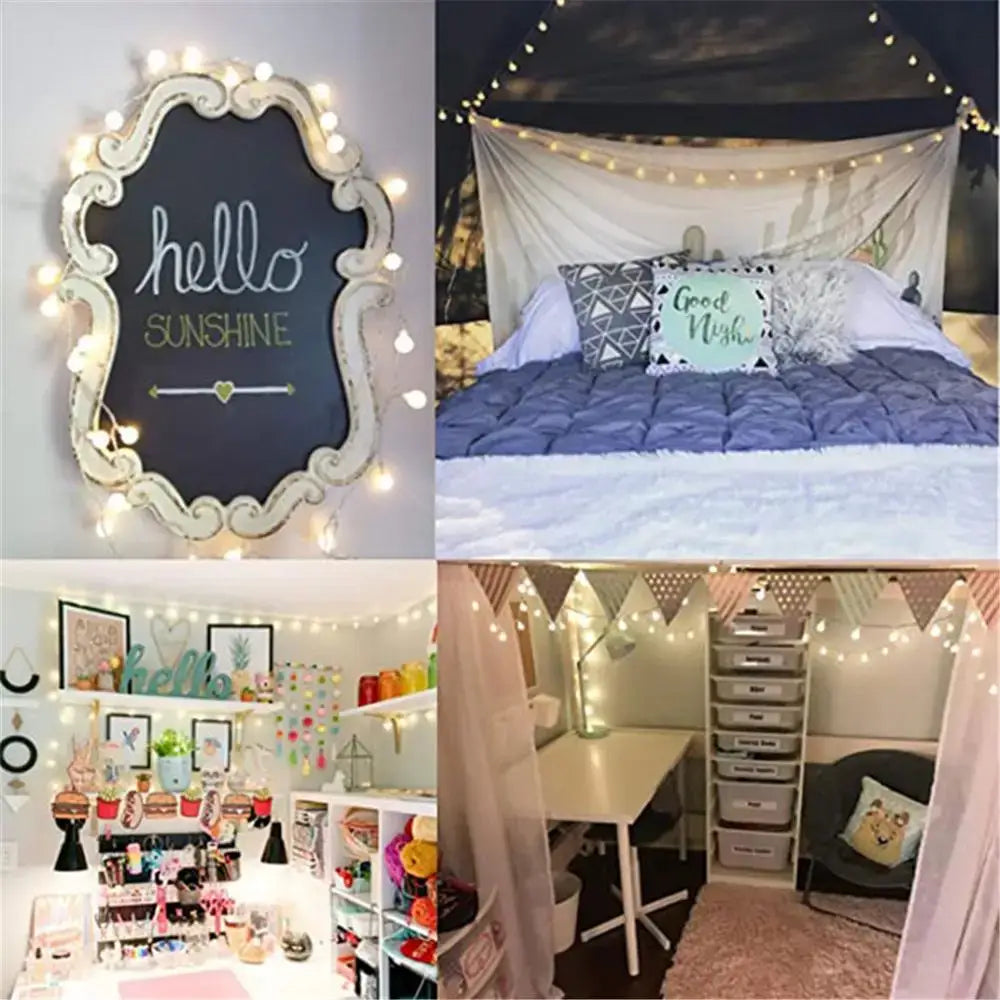 Ornate white-framed chalkboard with hello sunshine surrounded by decorbites led globe ball string lights for indoor outdoor decor