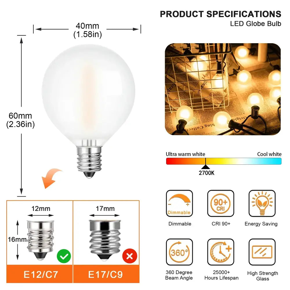 Clear glass led globe bulb with frosted finish and silver base for decorbites led globe string lights outdoor patio use