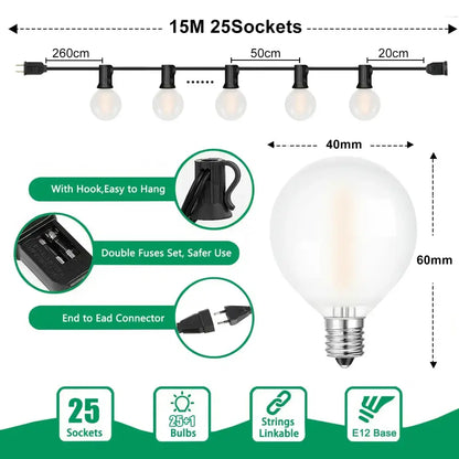 DecorBites led globe string lights 15-meter with 25 warm white e12 globe bulbs and black wiring for outdoor patio decor