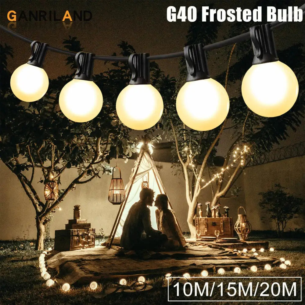 Decorbites led globe string lights with frosted globe bulbs and black fixtures glowing warmly in outdoor patio setting