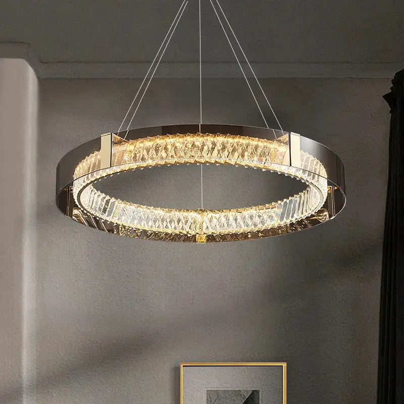 Modern circular decorbites led gold crystal glass chandelier with sleek metallic frame and embedded crystals for living room