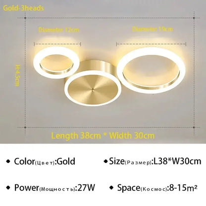 Decorbites led gold ring chandelier with three circular rings and brushed metallic finish for living room and dining room