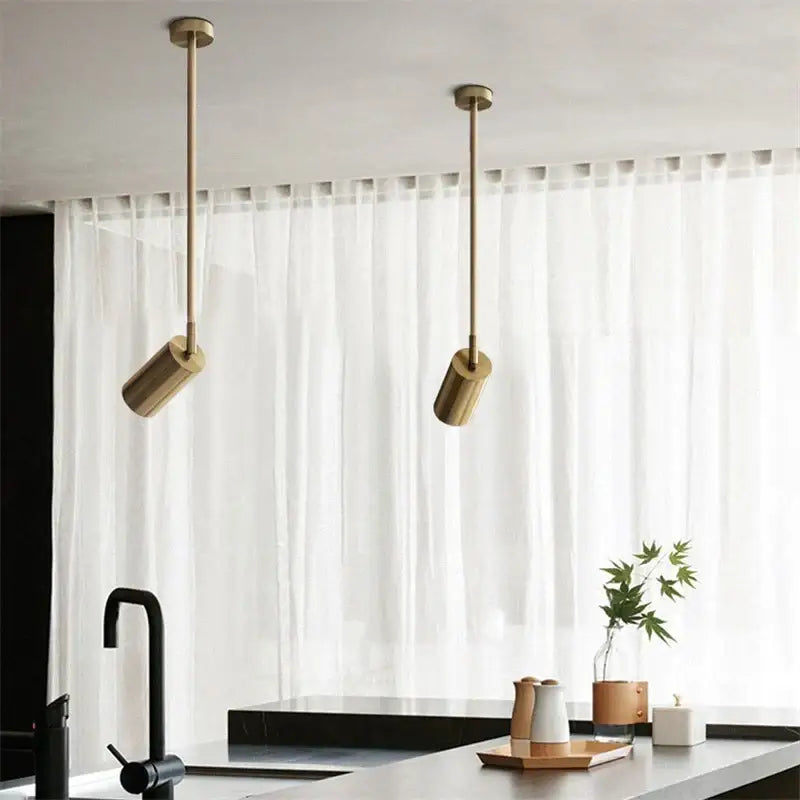 Two minimalist brass decorbites led golden ceiling lights with cylindrical shades for living and dining room lighting