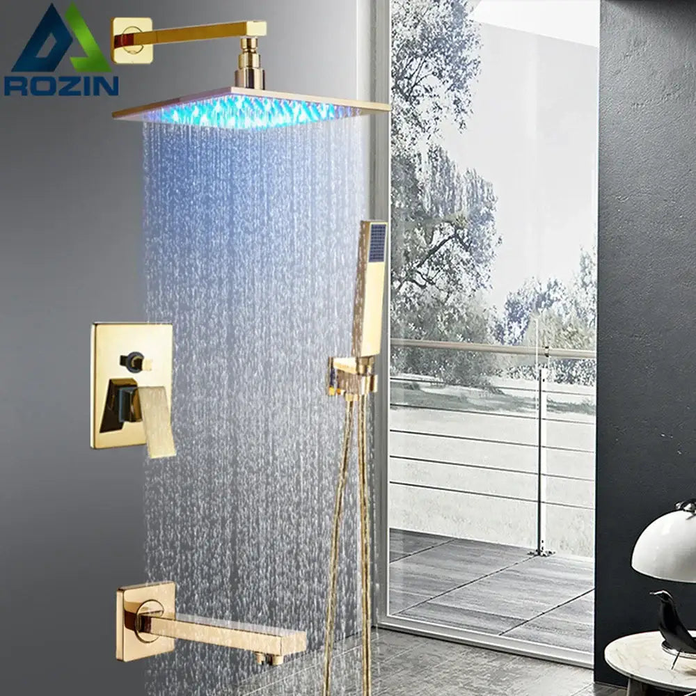 Decorbites™ led golden shower faucet set with gold square rain shower head and blue led handheld faucet set