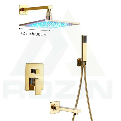 Decorbites™ led golden shower faucet set featuring gold-finished 12-inch square rain shower head with blue led lighting