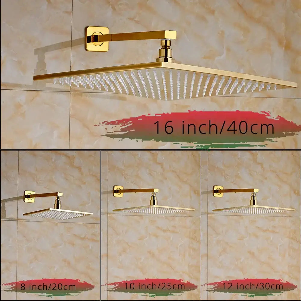 Decorbites™ led golden shower faucet set with gold-finished rectangular shower faucet and multiple spray nozzles