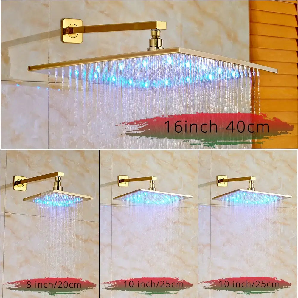 Decorbites™ led golden shower faucet set with gold square rain shower head and blue led lights for modern bathrooms