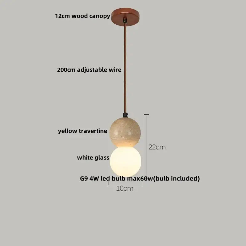 Modern pendant light with 12cm wood canopy featuring an upper yellow travertine globe and lower white glass sphere led gourd pendant