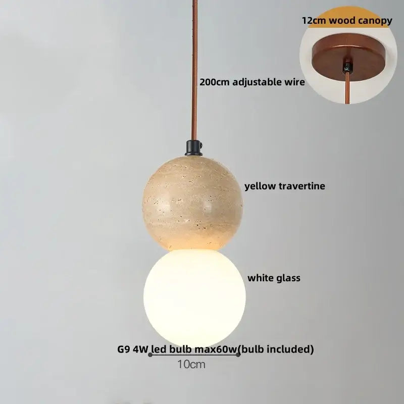 Modern two-tier decorbites led gourd pendant light with yellow travertine upper sphere and white glass lower globe suspended by copper wire