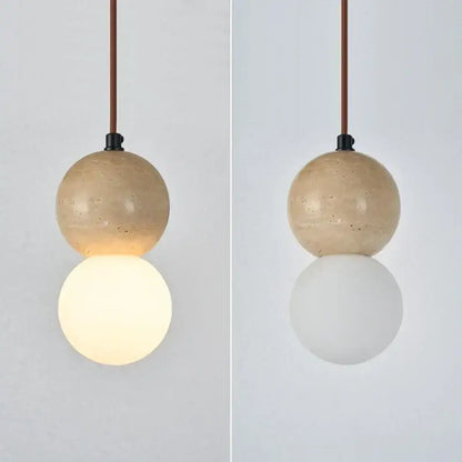 Minimalist decorbites led gourd pendant light with textured yellow travertine sphere and smooth white glass globe