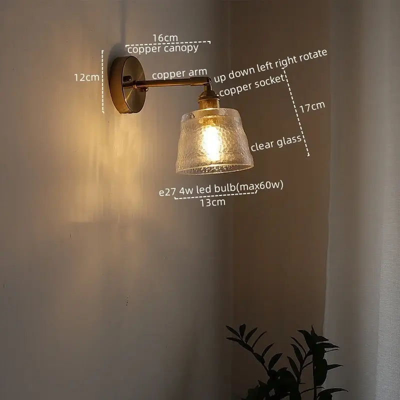 Decorbites led green wall light with copper adjustable arm and clear textured glass shade for bedroom decor
