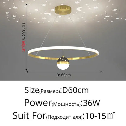 Gold and white led gypsophila chandelier pendant light with circular frame and star patterned spherical lampshade