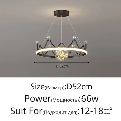 Black crown-shaped led gypsophila chandelier pendant light with glowing ring and crystal accents for modern decor