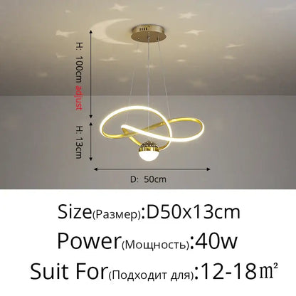 Gold-toned DecorBites led gypsophila chandelier with intertwined circular led rings and central spherical bulb for modern decor