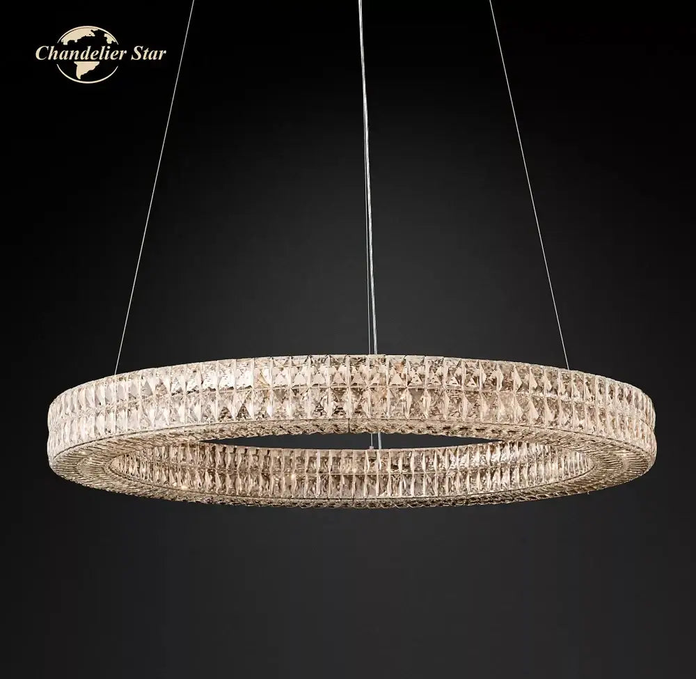 A modern double-tiered decorbites led halo crystal chandelier with metallic frame and faceted glass for living room decor