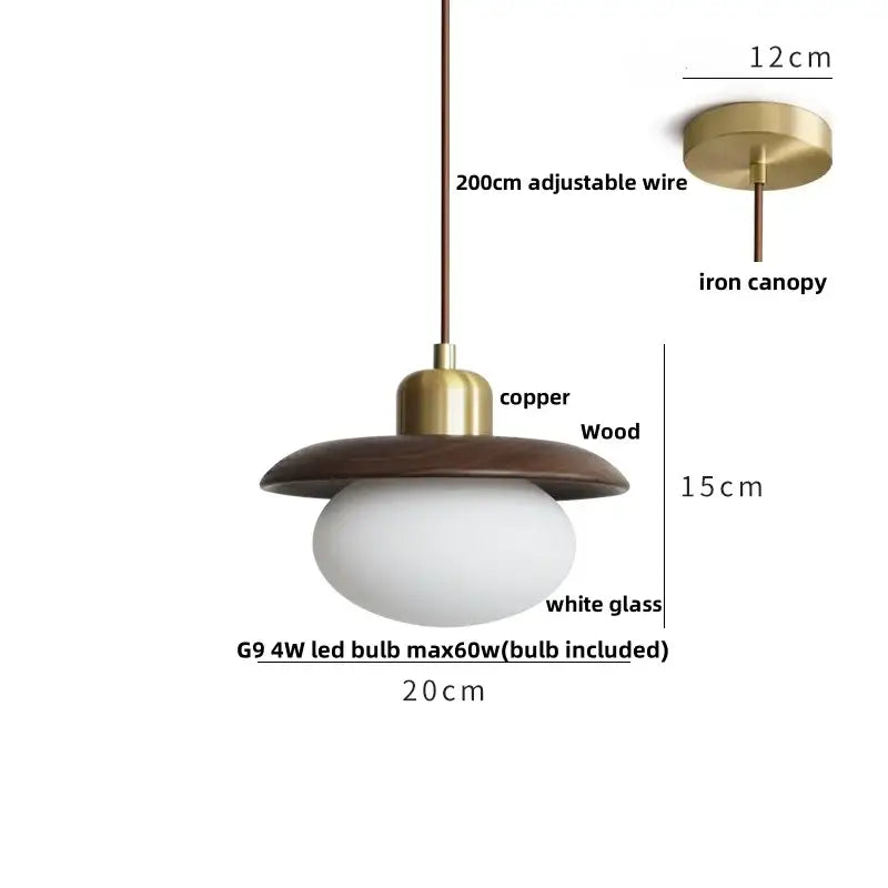 A decorbites led hanging lamp with a brass-finished copper and walnut wood shade and an oval white glass bulb