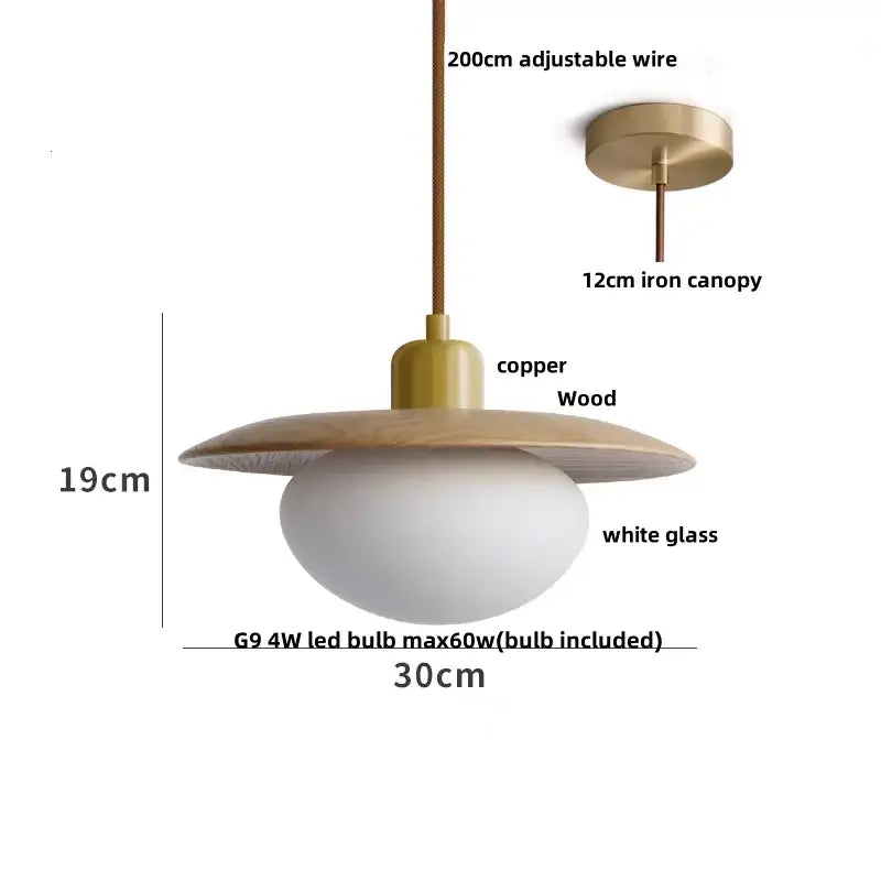 Decorbites led hanging lamp with copper finish, walnut wood circular shade, and frosted white glass globe pendant light