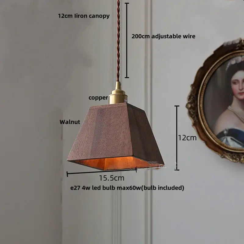 Decorbites led hanging lamp with warm walnut wood finish copper accent and adjustable wire suspension in geometric design