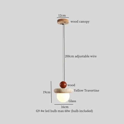 DecorBites led hanging lamp with wooden canopy adjustable wire glass globe and yellow travertine accents for kitchen cafe