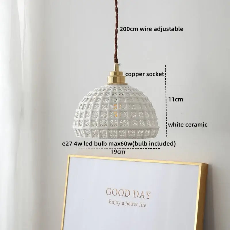 White ceramic decorbites led hanging lamp with woven lattice design and brass copper socket for modern interiors