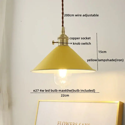 Yellow iron lampshade with copper socket and knob switch hanging by 200cm wire decorbites led hanging lamp