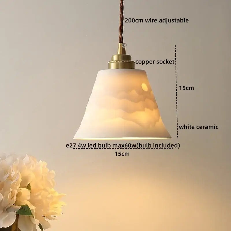 Decorbites led hanging lamp white ceramic with textured cloud design and brass copper socket for bedroom lighting