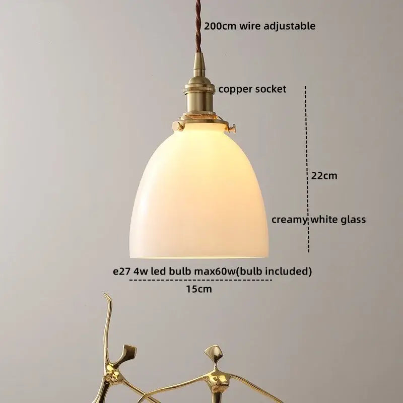 Decorbites led hanging lamp with creamy white glass shade and brass copper socket for bedroom and living room use