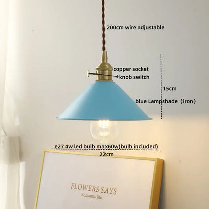 Blue iron lampshade with brass copper socket and knob switch hanging from braided wire in decorbites led hanging lamp
