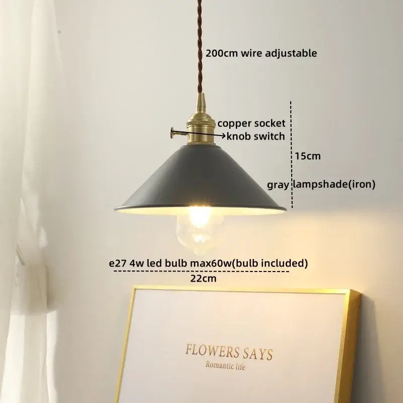 Decorbites led hanging lamp with matte gray iron shade and brass copper socket on adjustable braided cord for living room