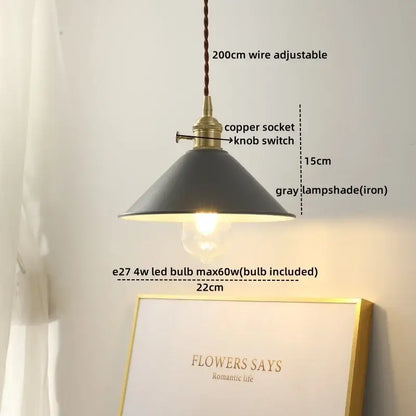 Decorbites led hanging lamp with matte gray iron shade and brass copper socket on adjustable braided cord for living room
