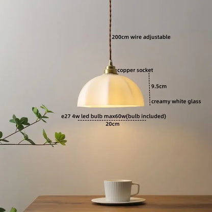 Creamy white glass decorbites led hanging lamp with copper socket and braided wire for modern bedroom or living room