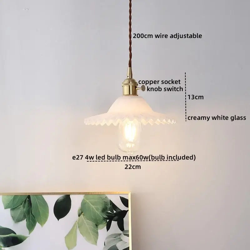 Creamy white glass decorbites led hanging lamp with brass copper socket and 200cm adjustable braided wire for bedroom